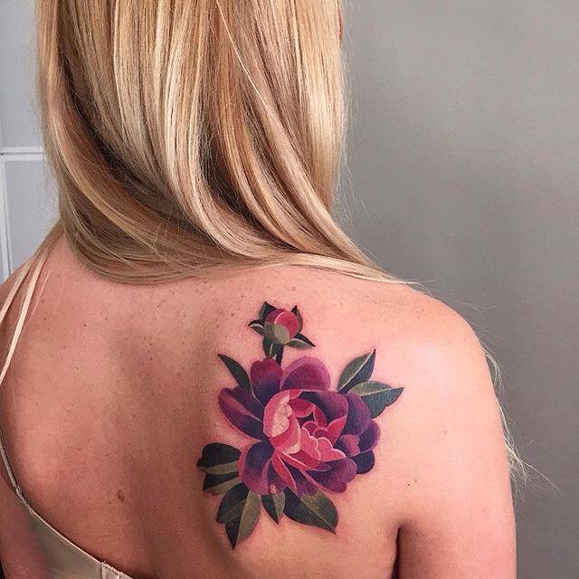 Realistic Peony Flower Tattoo On Girl Right Back Shoulder