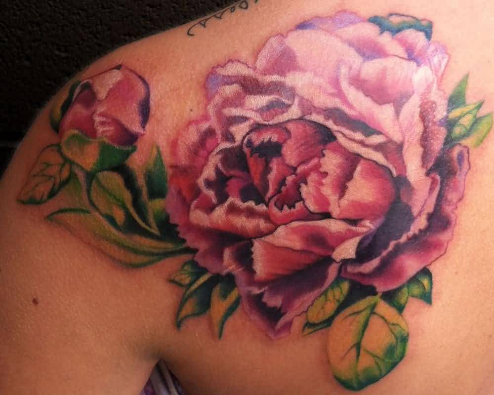 Realistic Peony Flower Tattoo On Left Back Shoulder