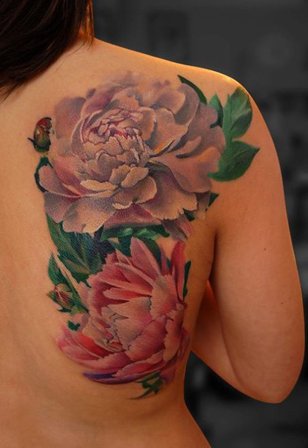 Realistic Peony Flowers Tattoo On Girl Right Back Shoulder