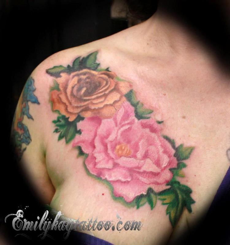 Realistic Peony Flowers Tattoo On Right Front Shoulder