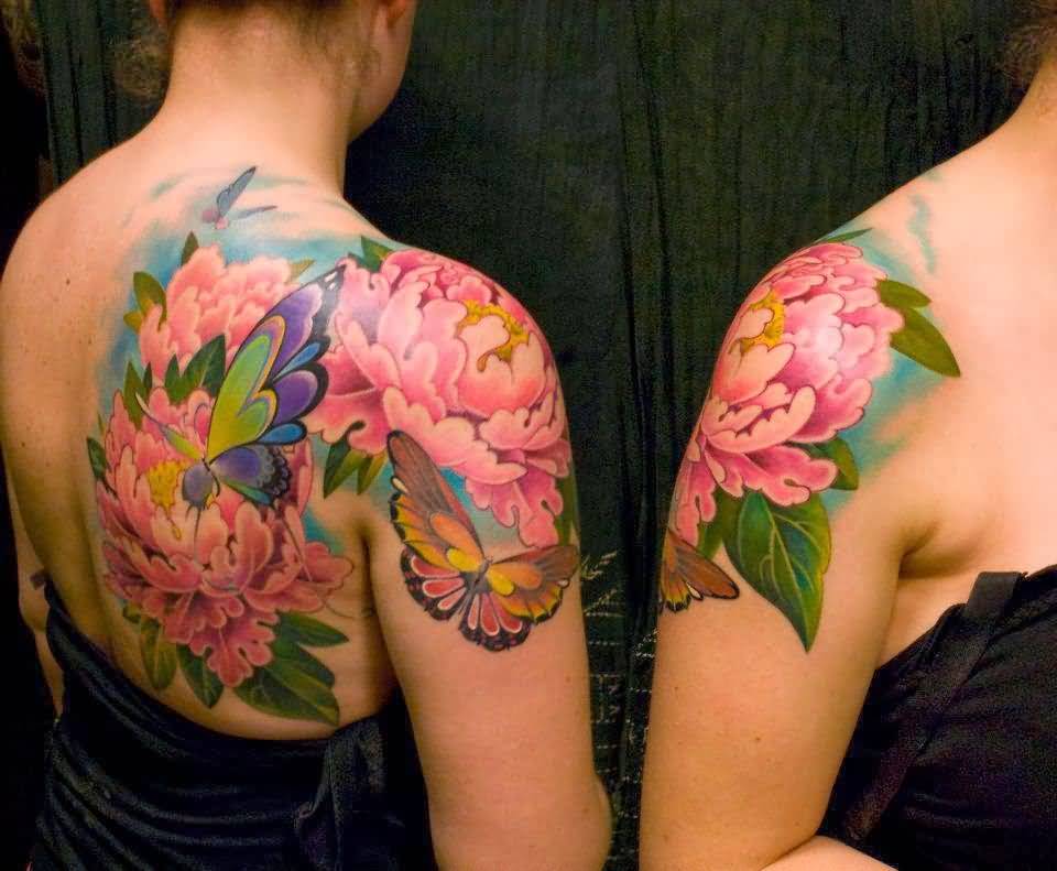 Realistic Peony Flowers With Butterflies Tattoo On Right Back Shoulder