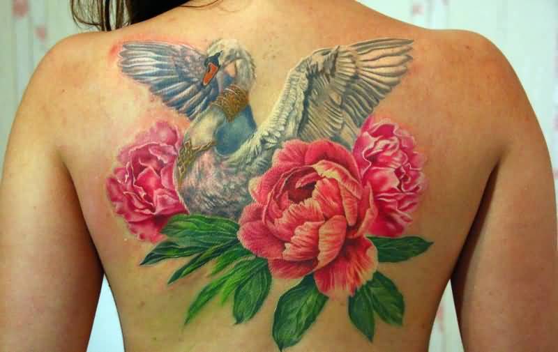 Realistic Peony Flowers With Swan Tattoo On Upper Back