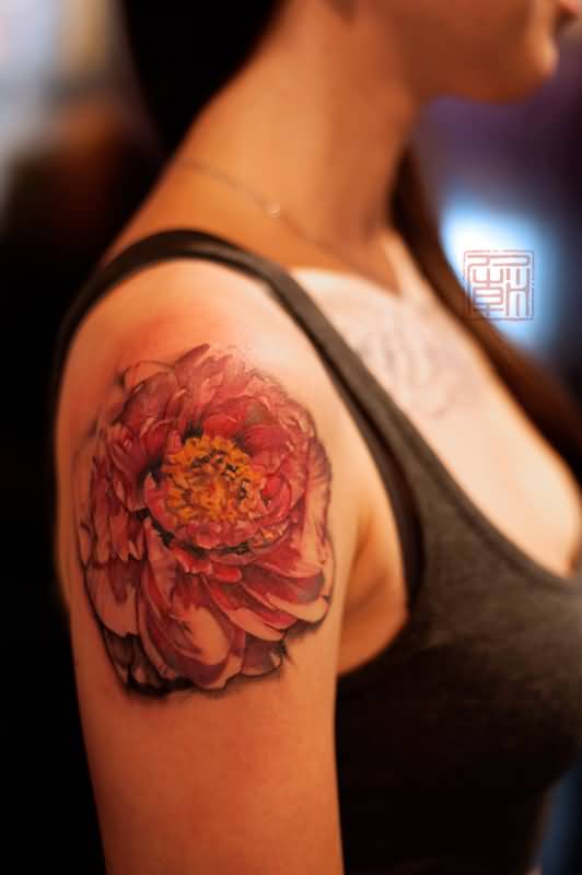 Realistic Peony Tattoo On Girl Right Shoulder