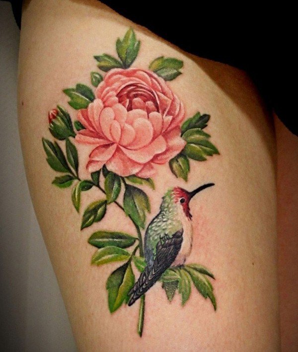 Realistic Peony With Birds Tattoo On Right Thigh