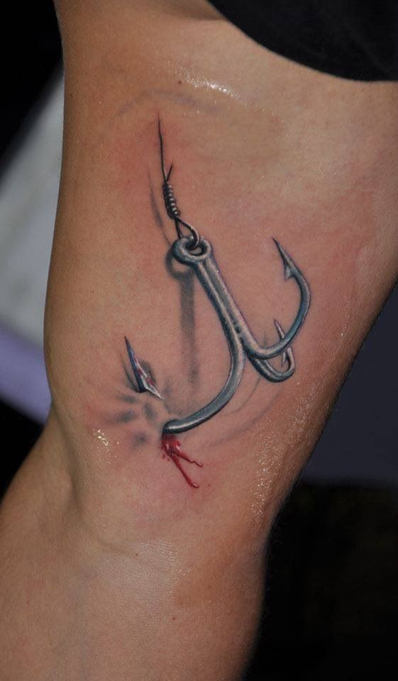 Realistic Ripped Skin Hook Tattoo On Bicep