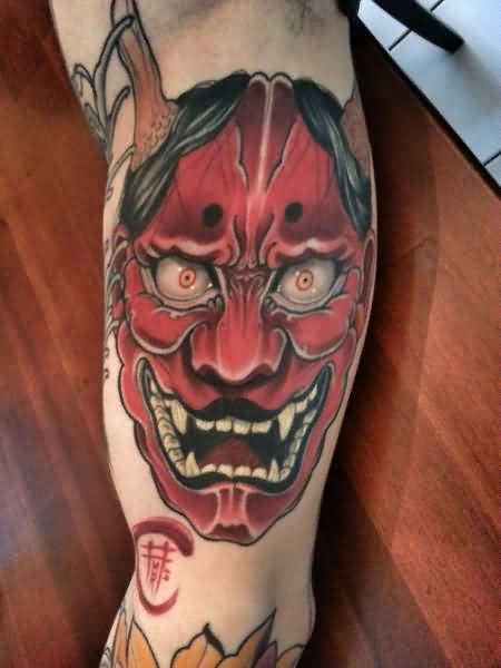 Red Ink Hannya Mask Tattoo On Bicep