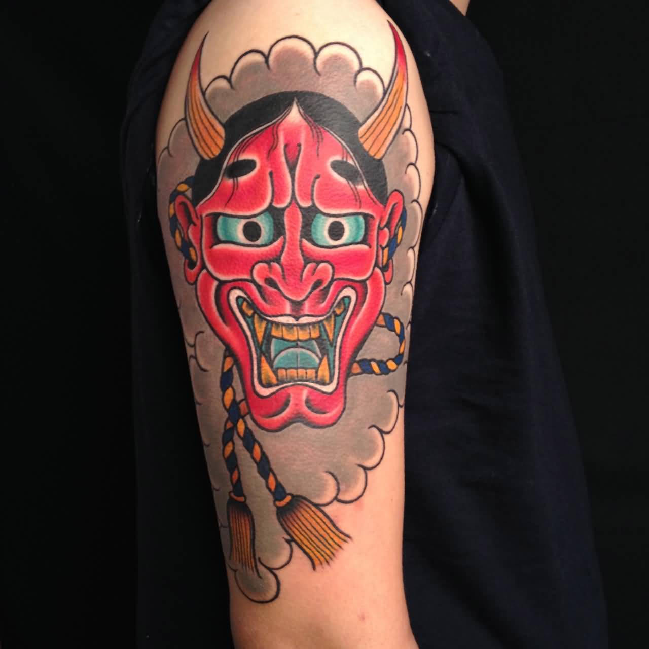 Red Ink Hannya Mask Tattoo On Half Sleeve