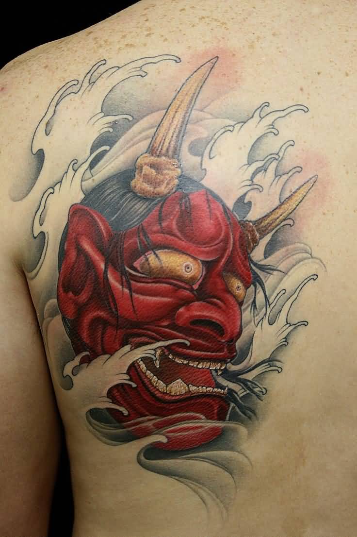 Red Ink Hannya Mask Tattoo On Left Back Shoulder