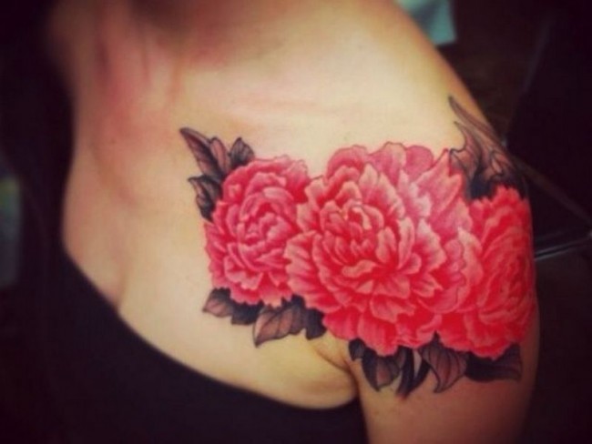 Red Ink Peony Flowers Tattoo On Girl Left Shoulder