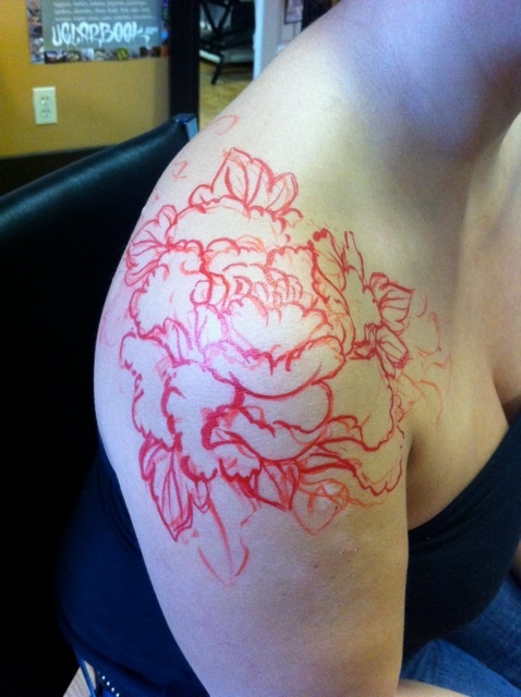 Red Outline Peony Flower Tattoo On Girl Right Shoulder
