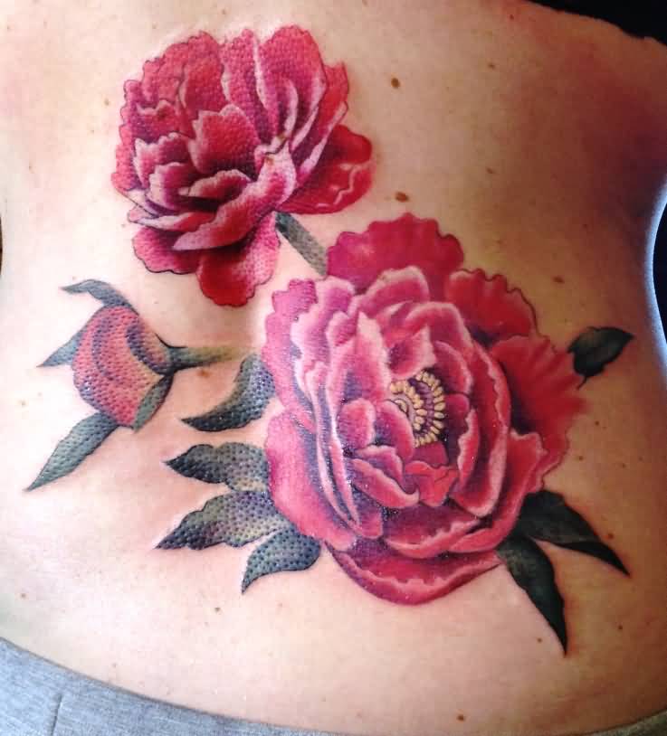 Red Peony Flower Tattoo Design For Lower Back