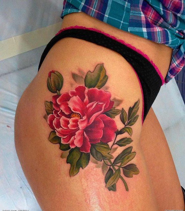 Red Peony Flower Tattoo On Girl Right Hip