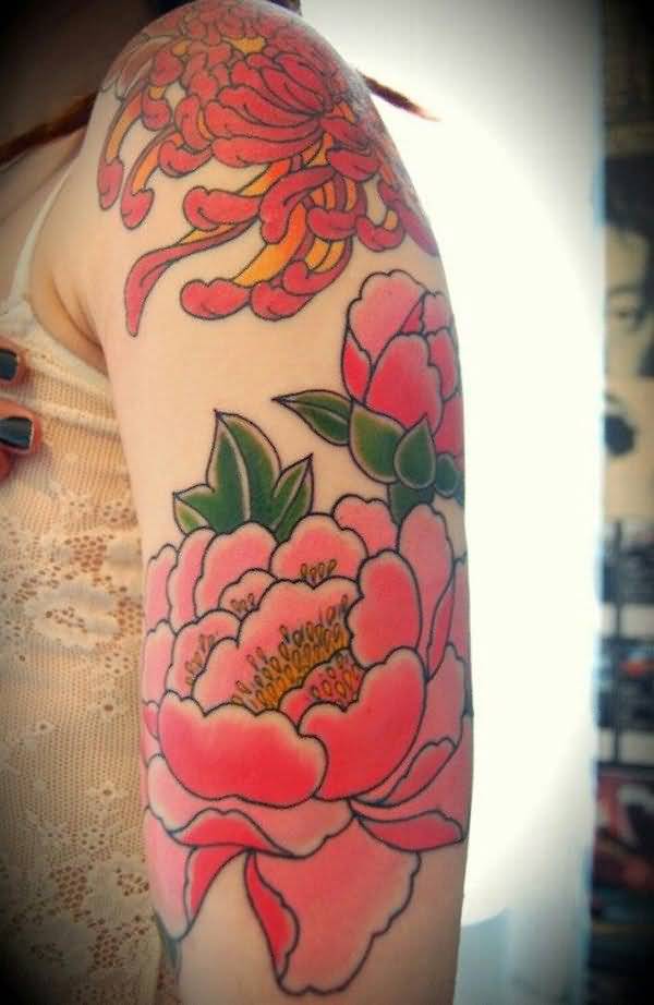 Red Peony Flowers Tattoo On Girl Left Half Sleeve