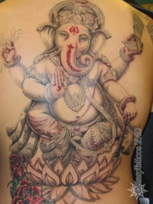 Red Roses And Ganesha On Lotus Tattoo On Full Back