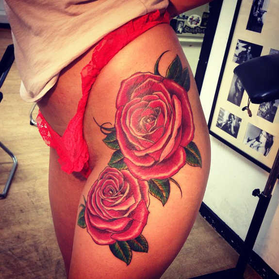 Red Roses Tattoo On Girl Left Hip