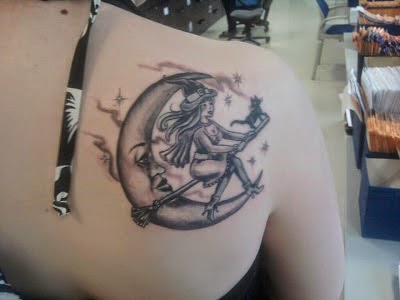 Right Back Shoulder Grey Ink Moon And Witch Tattoo
