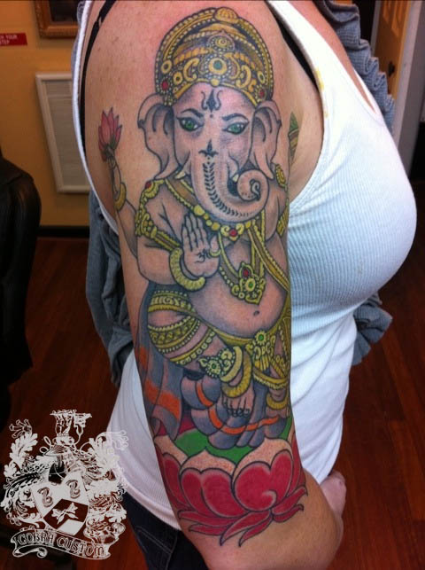 Right Half Sleeve Ganesha On Lotus Tattoo by Forrest