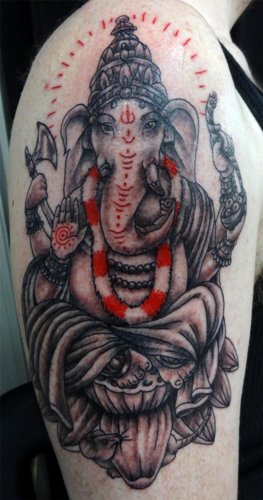 Right Half Sleeve Grey Ink Ganesha Tattoo