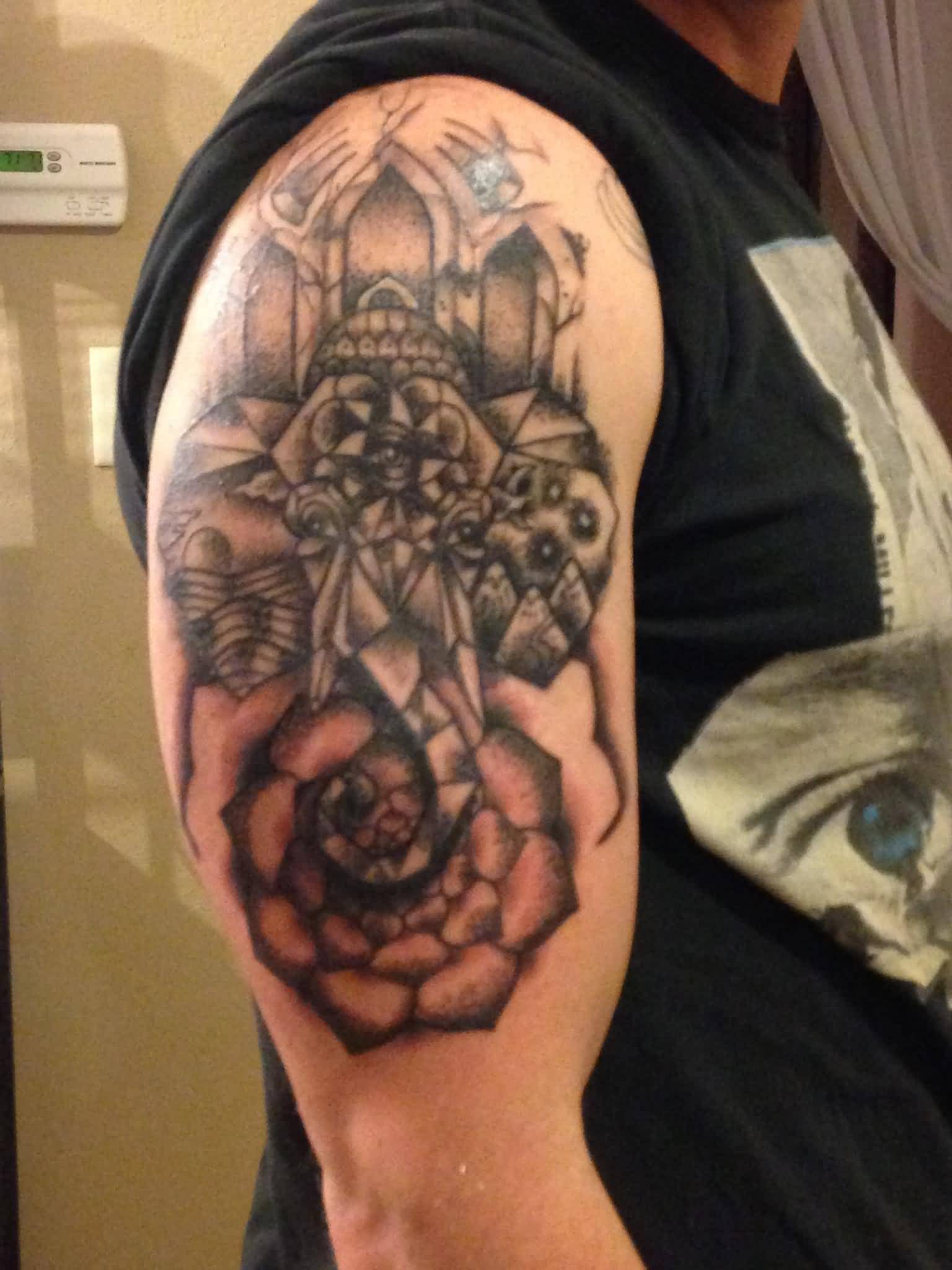 Right Shoulder Grey Ink Ganesha On Lotus Tattoo