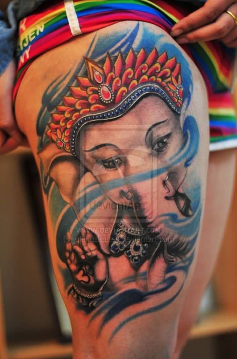 Right Thigh Color Ink Ganesha Tattoo
