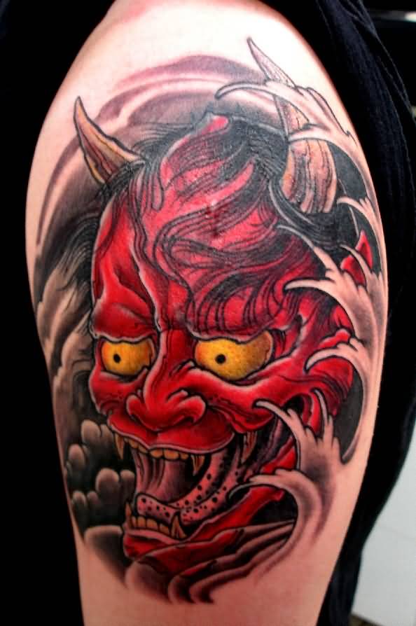 Right Thigh Red Ink Hannya Tattoo
