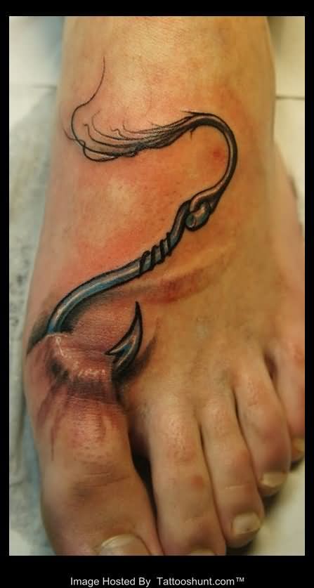 Ripped Skin 3D Hook Tattoo On Left Foot