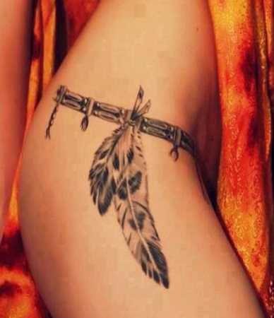 Rosary Feather Tattoo On Right Side Hip