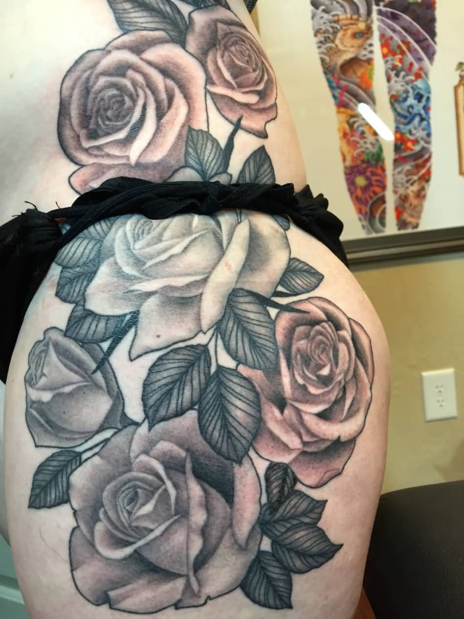 Simple Black And Grey Roses Tattoo On Left Hip