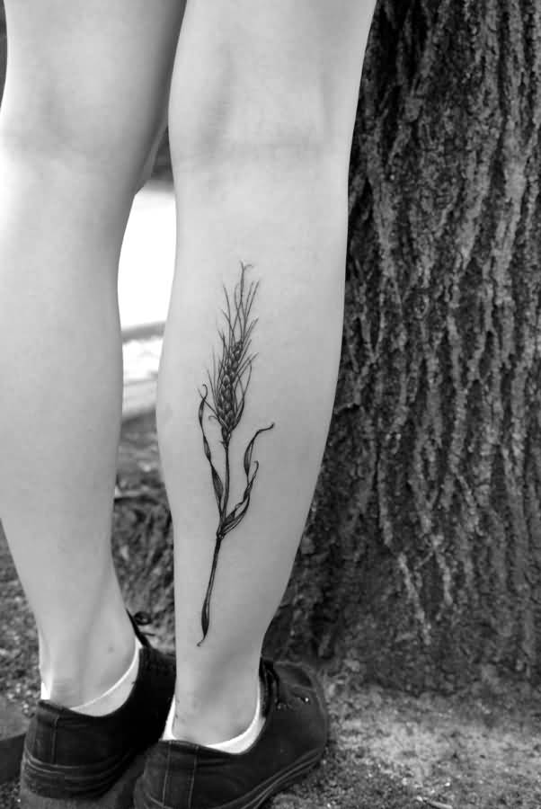 Simple Black Ink Wheat Tattoo On Right Leg Calf