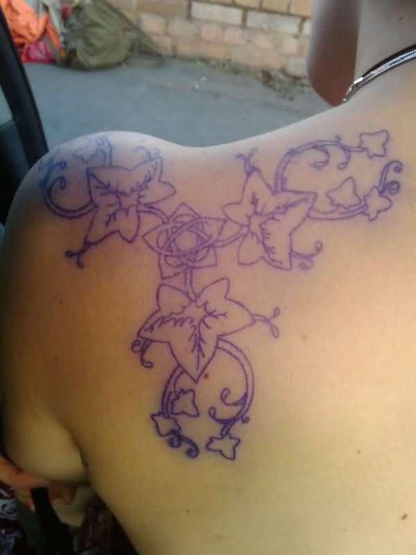 Simple Outline Poison Ivy Plant Tattoo On Left Back Shoulder