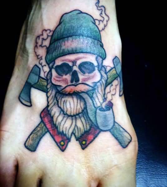 Skull Smoking Pipe Tattoo On Foot