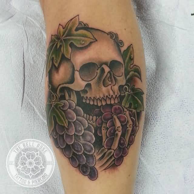 Skull With Grapes Tattoo Design For Leg
