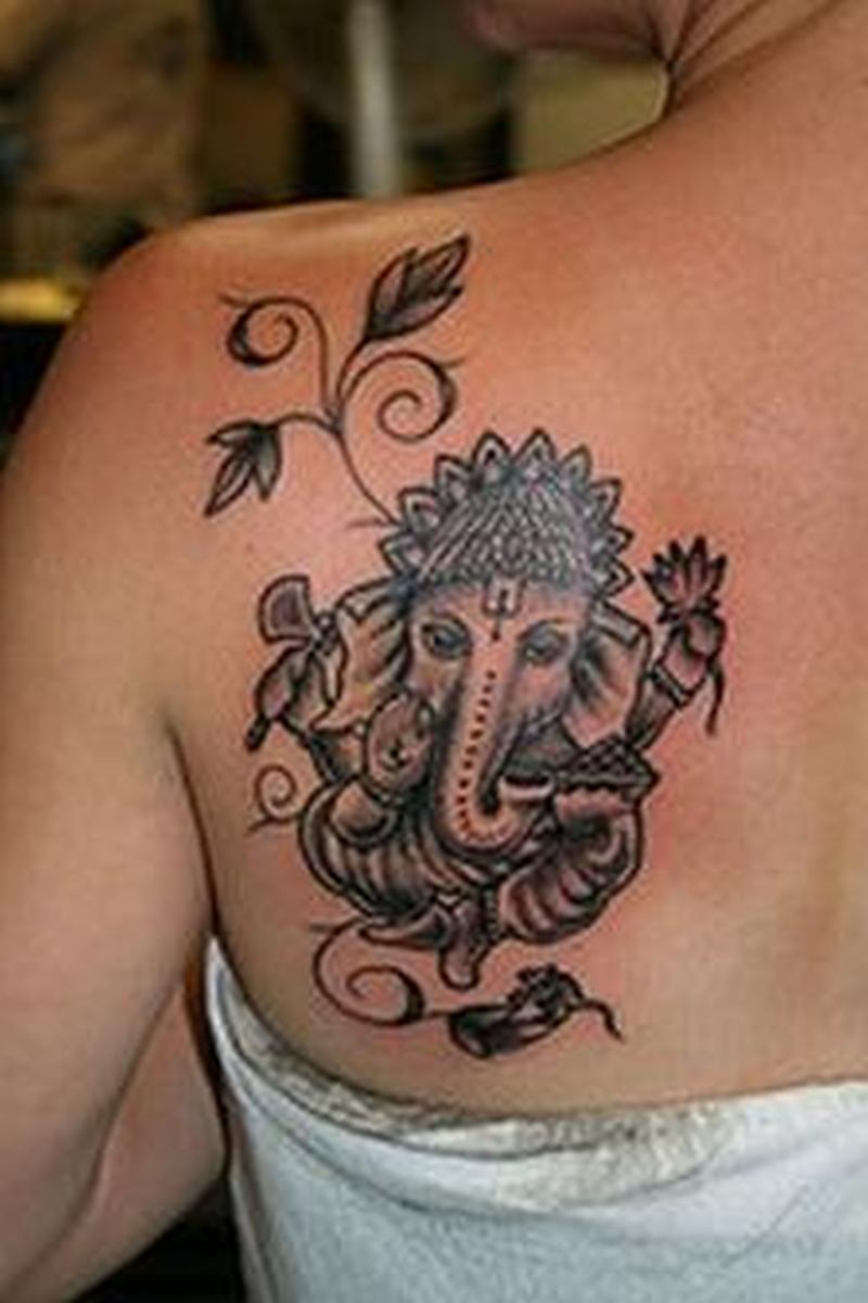 Small Grey Ink Ganesha Tattoo On Left Back Shoulder