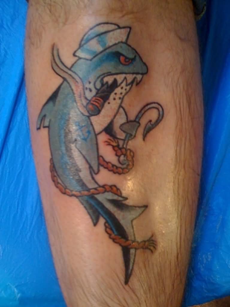 Smoking Shark With Hook Tattoo Design For Leg By Mike Bellamy
