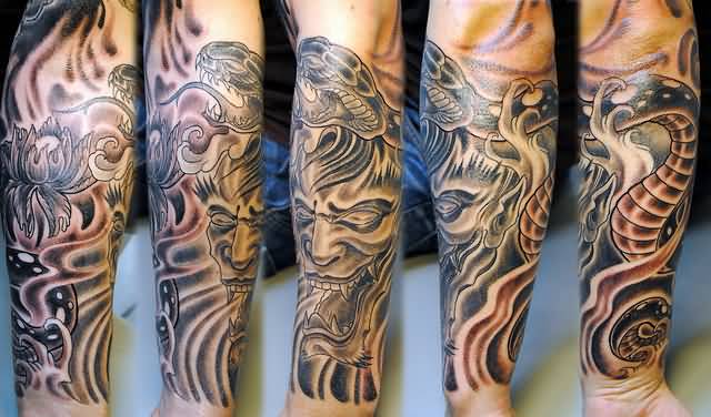 Snake Grey Ink Hannya Tattoo On Sleeve