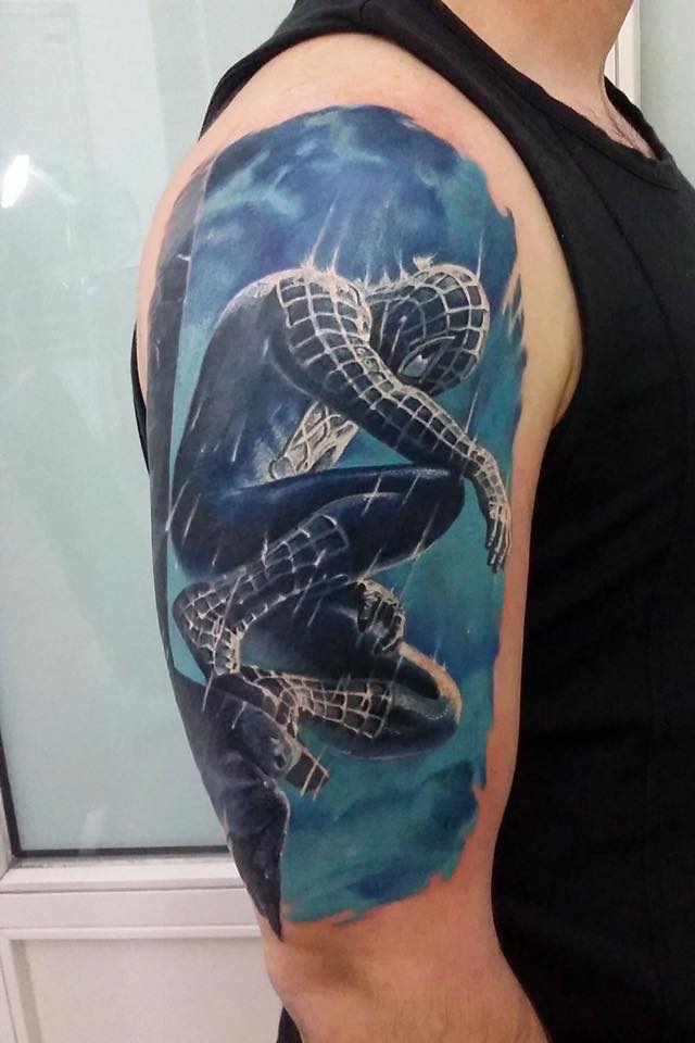Spiderman In Storm Tattoo On Half Sleeve by Piotr Blszkiewicz