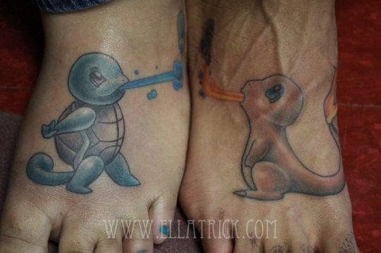 Squirtle And Charmander Tattoo On Couple Foot