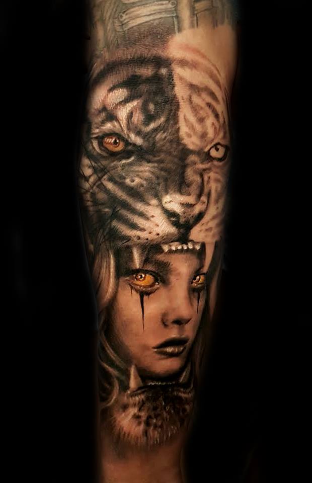 Tiger Girl Tattoo On Sleeve by Luis
