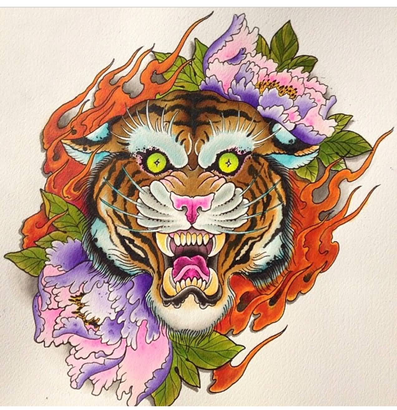 Tiger Head With Peony Flowers Tattoo Design