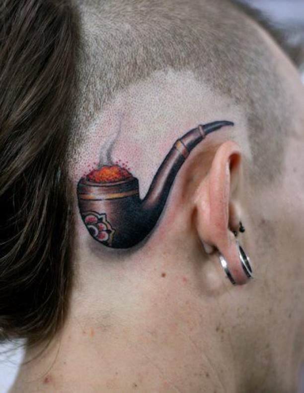 Traditional 3D Pipe Tattoo On Head
