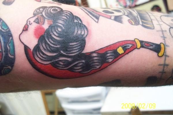 Traditional Girl Head Pipe Tattoo Design For Sleeve