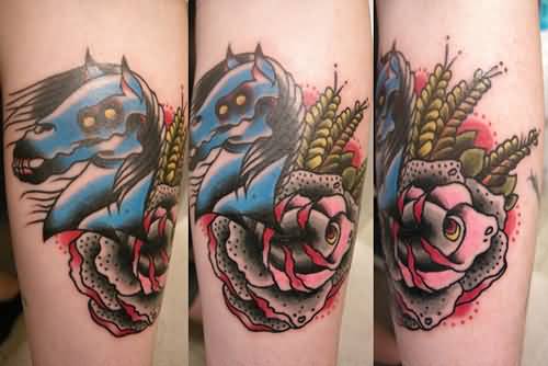 Traditional Horse Head With Rose And Wheat Tattoo Design For Sleeve