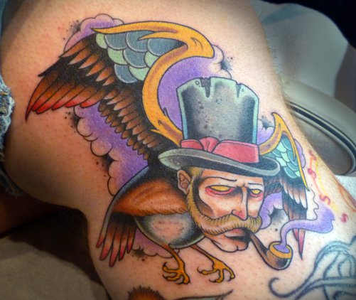 Traditional Man Head Eagle Smoking Pipe Tattoo Design