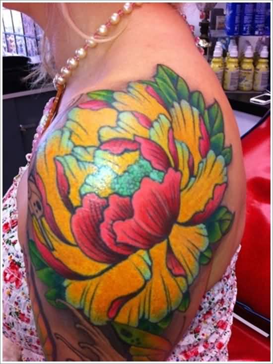 Traditional Peony Flower Tattoo On Girl Left Shoulder
