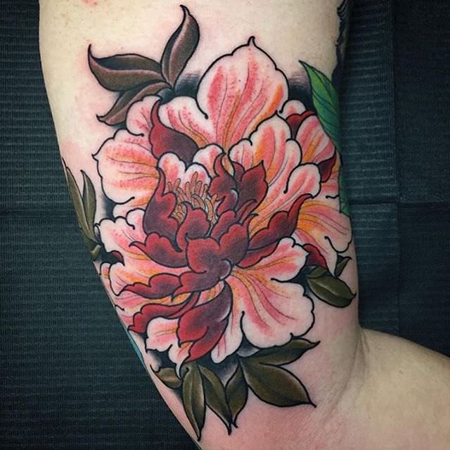 Traditional Peony Flower Tattoo On Half Sleeve