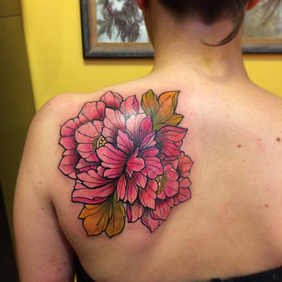 Traditional Peony Flower Tattoo On Left Back Shoulder