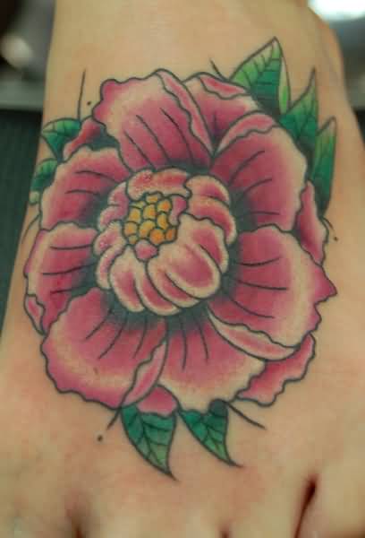 Traditional Peony Flower Tattoo On Left Foot