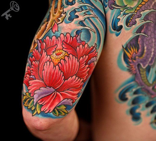 Traditional Peony Flower Tattoo On Left Half Sleeve