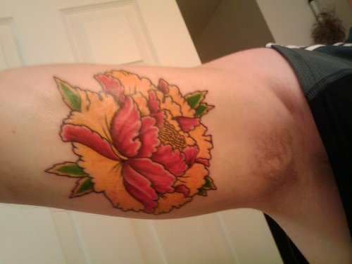 Traditional Peony Flower Tattoo On Right Bicep