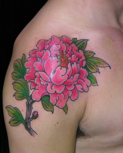Traditional Peony Flower Tattoo On Right Shoulder